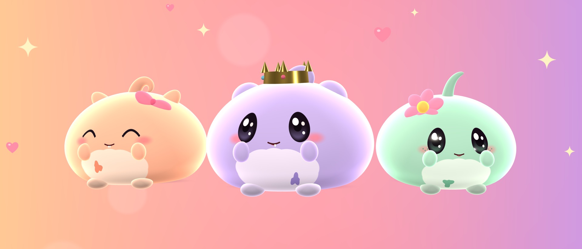 Three Mimpo pets in hats